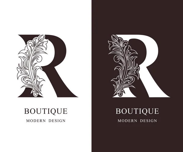 Elegant Capital letter R. Graceful royal style. Calligraphic beautiful logo. Vintage floral drawn emblem for book design, brand name, business card, Restaurant, Boutique, Hotel. Vector illustration