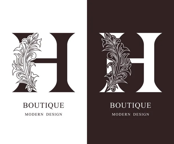 Elegante letra maiúscula H. Gracioso estilo real. Caligráfico belo logotipo. Vintage floral emblema desenhado para o design do livro, marca, cartão de visita, restaurante, boutique, hotel. Ilustração vetorial — Vetor de Stock