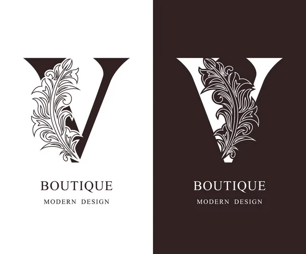 Elegant Capital letter V. Graceful royal style. Calligraphic beautiful logo. Vintage floral drawn emblem for book design, brand name, business card, Restaurant, Boutique, Hotel. Vector illustration