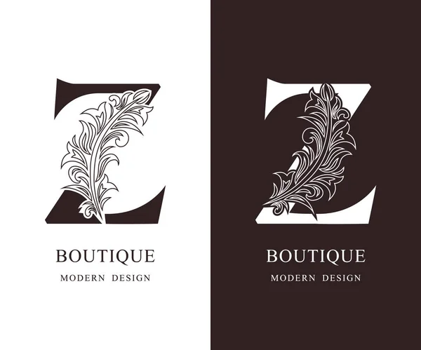 エレガントな大文字 Z. 優雅なロイヤル スタイル。カリグラフィの美しいロゴ。ブック デザイン、ブランド、ビジネス カード、レストラン、ブティック、ホテルのビンテージ花柄描かれたエンブレム。ベクトル図 — ストックベクタ