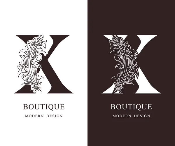 エレガントな大文字の X の優雅なロイヤル スタイル。カリグラフィの美しいロゴ。ブック デザイン、ブランド、ビジネス カード、レストラン、ブティック、ホテルのビンテージ花柄描かれたエンブレム。ベクトル図 — ストックベクタ