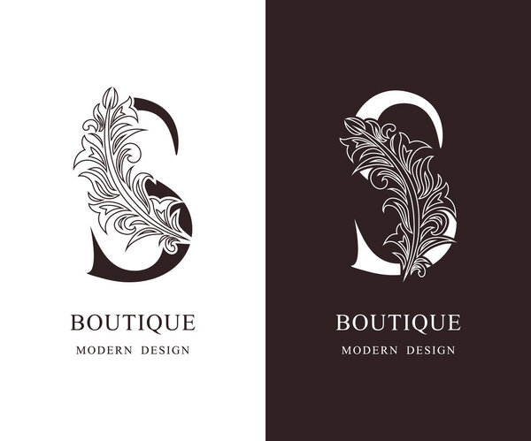 Elegant Capital letter S. Graceful royal style. Calligraphic beautiful logo. Vintage floral drawn emblem for book design, brand name, business card, Restaurant, Boutique, Hotel. Vector illustration