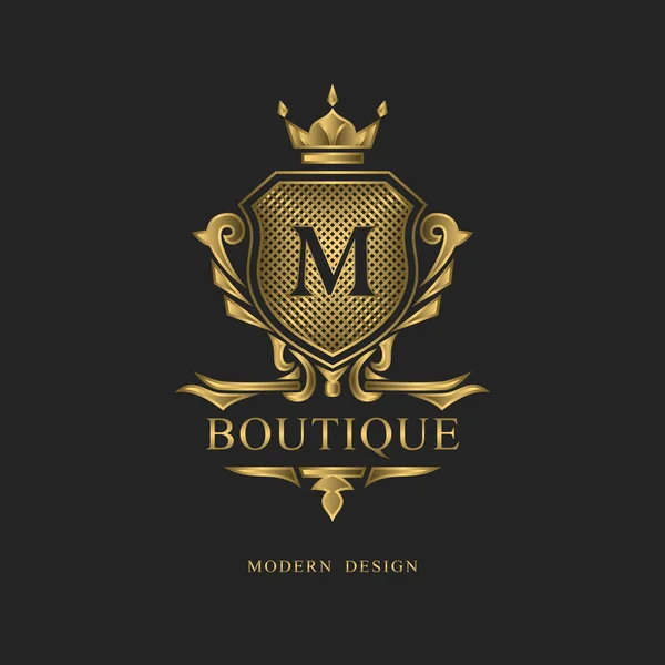 Koninklijk monogram ontwerp. Luxe volumetrische logo sjabloon. 3D-lijn sieraad. Embleem met de letter M voor Business teken, badge, crest, label, Boutique merk, Hotel, Restaurant, heraldiek. Vectorillustratie — Stockvector