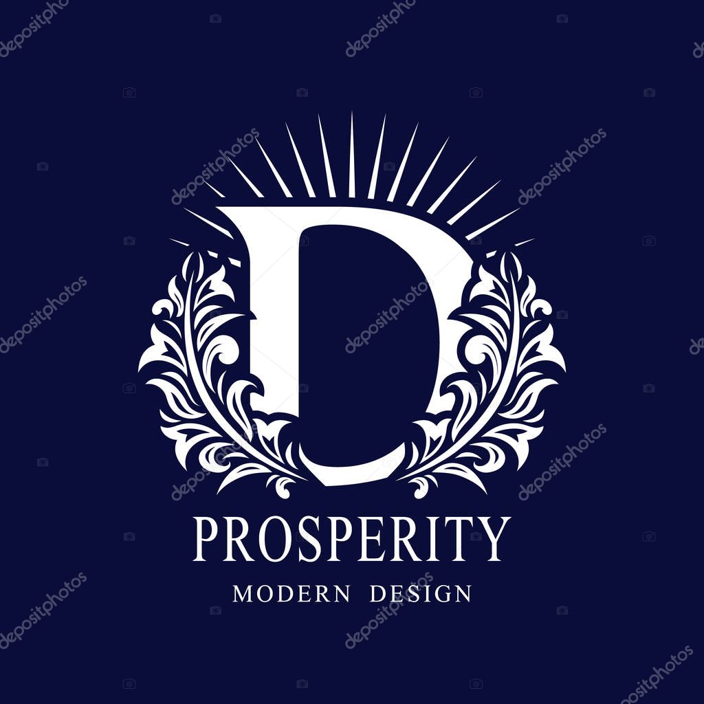 Letter D in the Sunlight. Coat of Arms with a Floral Wreath. Art Logo Design. Luxurious Monogram for Personal or Family Emblem, Business Sign, Wedding, Boutique, Hotel, Restaurant. Vector illustration