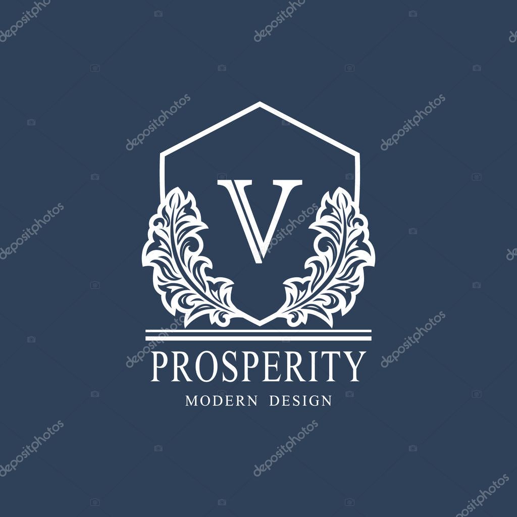 Letter V. Luxury Coat of Arms with a Floral Wreath. Art Logo Design. Luxurious Monogram for Personal or Family Emblem, Business Sign, Wedding, Boutique, Hotel, Restaurant. Vector illustration