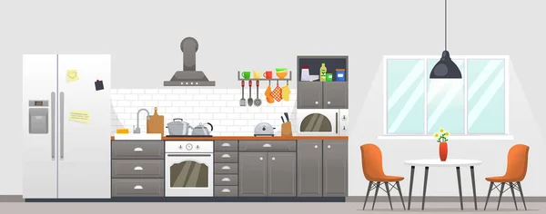 Interior da cozinha com mobiliário. Desenhos animados ilustração vetorial. Cozinha design de interiores em estilo loft . —  Vetores de Stock