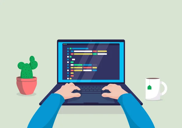 Programmeur d'homme travaillant sur ordinateur avec le code sur l'illustration d'écran . — Image vectorielle