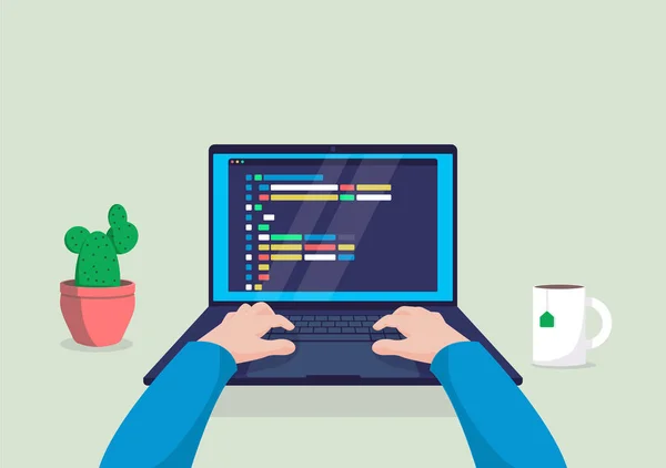 Hombre programador trabajando en la computadora con el código en la ilustración de pantalla . — Vector de stock