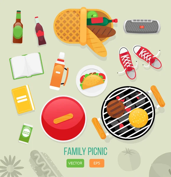 Sommer, Frühling Grillen und Picknick Ikonen gesetzt. flachen Stil. Snacks, Gemüse, gesunde Ernährung. Set von Elementen für Picknick. — Stockvektor