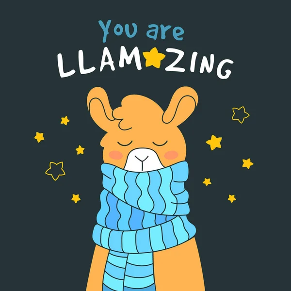 Roztomilý Lama kreslení s nápisem. Jsi úžasná nabídka s lamou. Fantasy zvíře karty, roztomilé tričko tisk. — Stockový vektor