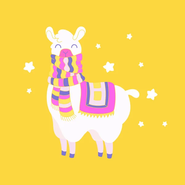 Cute dressed llama. Lama illustration vector. Fantasy animal card, t-shirt cute print. — Stock Vector