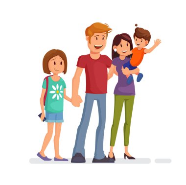 Mutlu bir aile. Baba, Anne, oğlu ve kızı birlikte. Vektör çizim karikatür tarzı
