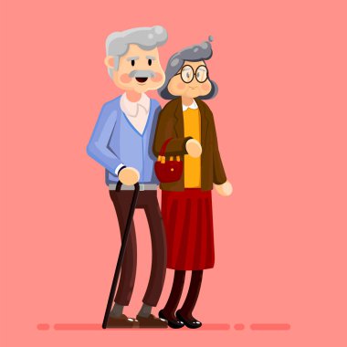 Yaşlı çift yürümek. Emekliler karı koca beraber yürüyelim. Yaşlı aşk insanlar. İzole dedesi. Vektör çizim karikatür tarzı.