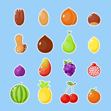 Meyve ve fındık etiket. Renkli çiftlik meyve izole simgesi. Sağlıklı vejetaryen yama illüstrasyon. Mutlu yemek plakası, büyük koleksiyonu. Fındık, üzüm, kiraz. Limon simgesi.