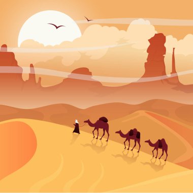 Yatay, deve kervan çöl. Sahara illüstrasyon.
