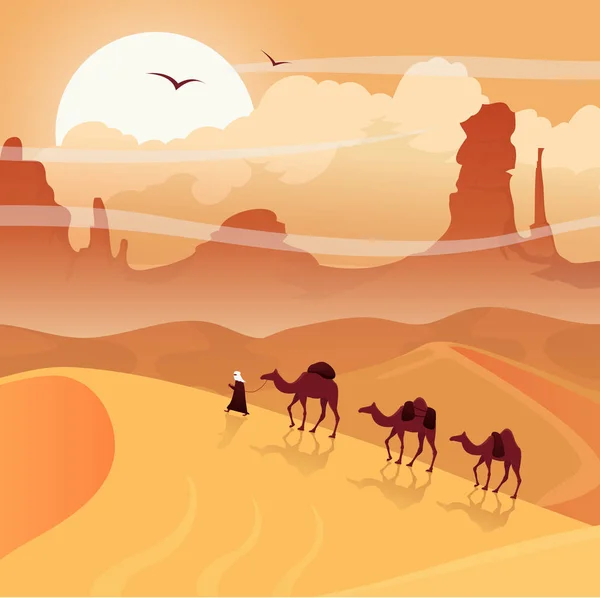 Paisaje del desierto con caravana de camellos. Ilustración Sahara . — Vector de stock