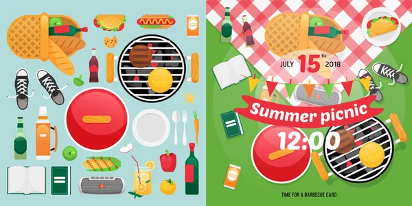 Comida de verano y objetos de vacaciones para un diseño de tarjetas de invitación fácil. Artículos de picnic clipart . — Archivo Imágenes Vectoriales