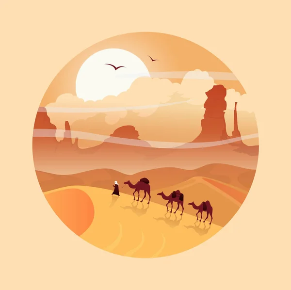 Paisaje del desierto con caravana de camellos . — Vector de stock