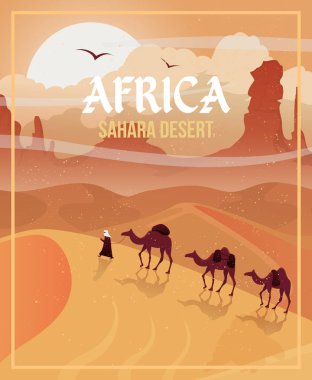 Afrika. Çöl manzarası ile deve karavan.