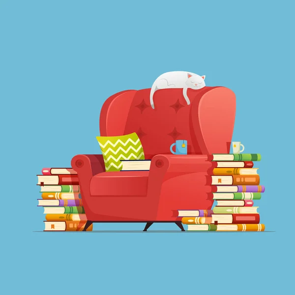 Concept de livres. Salon fauteuil de meubles avec des livres et personnage de chat couché et reposant sur un fauteuil. Chat rêvant. Élément intérieur de la bibliothèque d'accueil . — Image vectorielle