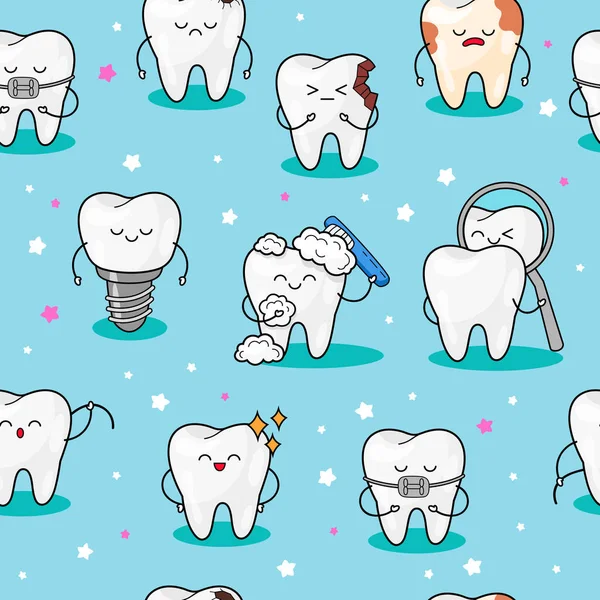 Sfondo dei denti. Modello senza cuciture con i denti. Illustrazione del bambino vettore. Modello carino dentale. Design in tessuto per pigiameria — Vettoriale Stock