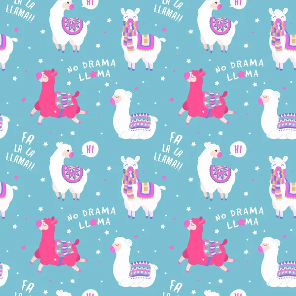 Lama, yıldız öğeleri ile Seamless modeli. Lama desen alıntı ile. Vektör bebek hayvan illüstrasyon. Pijama için kumaş tasarım