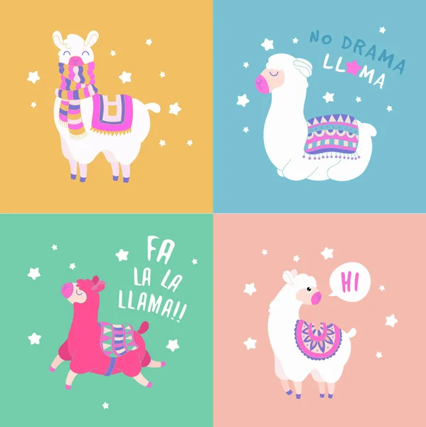 Cute llama and alpaca card. Funny set of lama quote. Cartoon lama character vector illustration. — Stock Vector