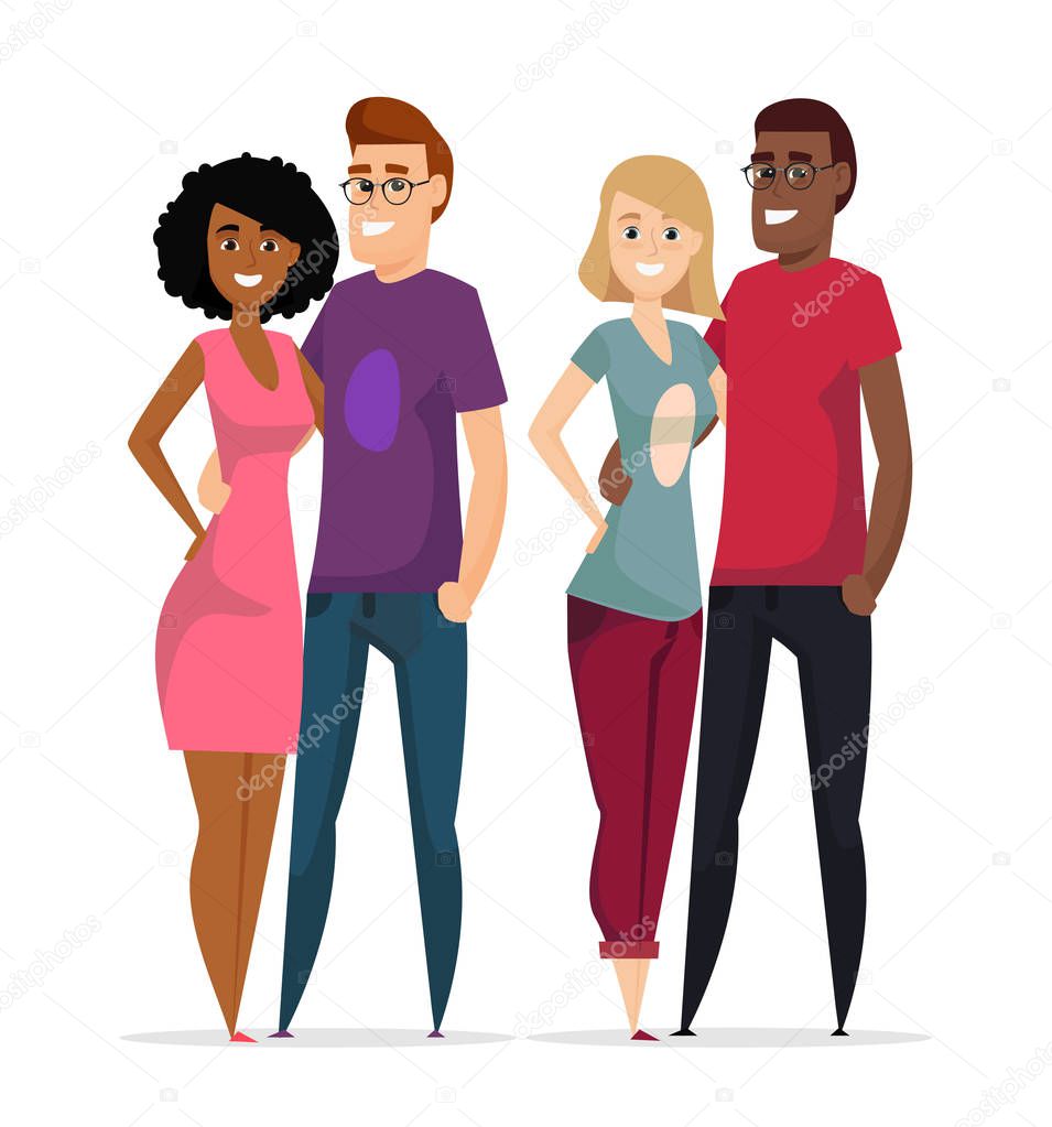 Group of young couple in love. Friends character. People. Young people on a date. Couple. Multinational young family. Vector illustration in a cartoon style.