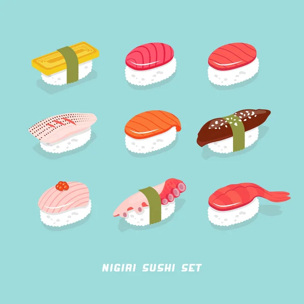 Sushi. Mâncare japoneză nigiri sushi. Fructe de mare cu orez în Japonia. Bucătăria japoneză este izolată. Mâncare coreeană. Sushi print . — Vector de stoc