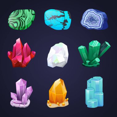 Kristal vektör kümesi. Kristal taş ya da mücevher. Değerli taş. İşlenmemiş elmas, malakit, Turkuaz, kuvars