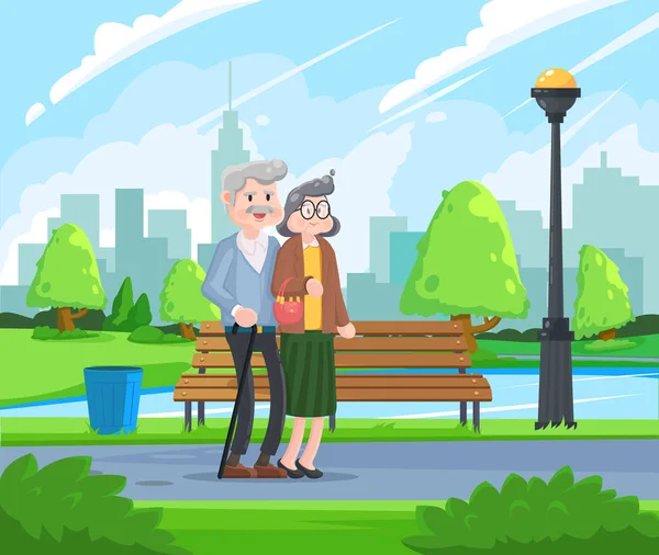 Happy grandparents Wanita senior dan pria berjalan di taman. Pasangan yang sudah tua . - Stok Vektor