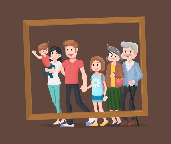 Keluarga potret desain datar. Foto untuk mengenang seluruh keluarga dalam bingkai kayu . - Stok Vektor