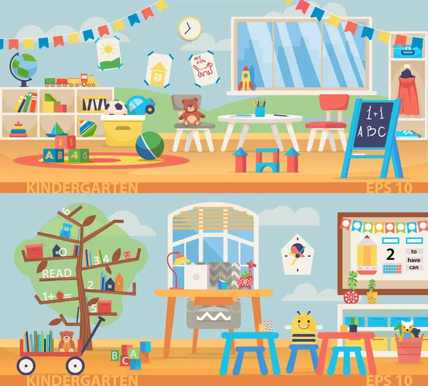 Ilustración de pancartas de regreso a la escuela. Kindergarten interior de la educación. Aprendizaje y estudio lugar horizontal espalda bandera . — Vector de stock