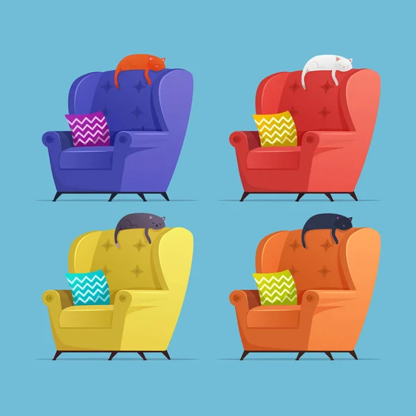 Симпатичні коти символи лежать і спираються на набір крісел. Векторна мультяшна ілюстрація вінтажного дивана або крісла в сучасному дизайні. Піктограма меблів для дому . — стоковий вектор