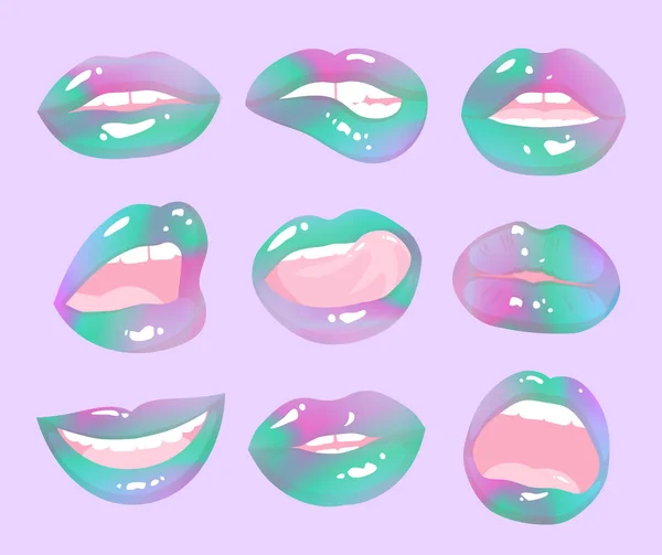 Les lèvres arc-en-ciel magiques gribouillent. Collection de lèvres holographiques. Femme bouche avec un baiser, sourire, la langue et les dents isolées sur fond . — Image vectorielle