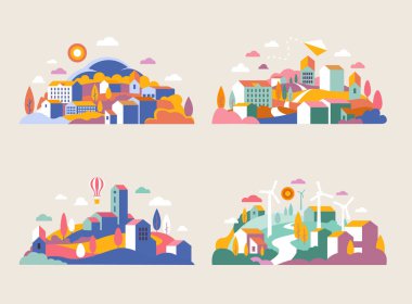 City landscape with buildings, hills and trees. Vector illustration in minimal geometric flat style. Abstract background of landscape in half-round composition for banners, covers. City with windmills clipart
