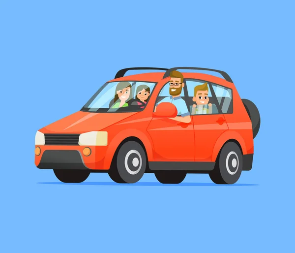 Viaje familiar por carretera. Familia feliz viajando en coche. Padre, madre, hijo e hija. Viajes familiares en un coche rojo. Ilustración de estilo plano vectorial . — Archivo Imágenes Vectoriales