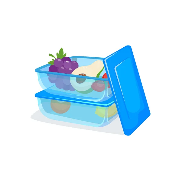 Voedsel container, transparant, blauw. Twee plastic verpakking van voedsel vak om op te slaan. Gezonde voeding. Lunchbox. — Stockvector