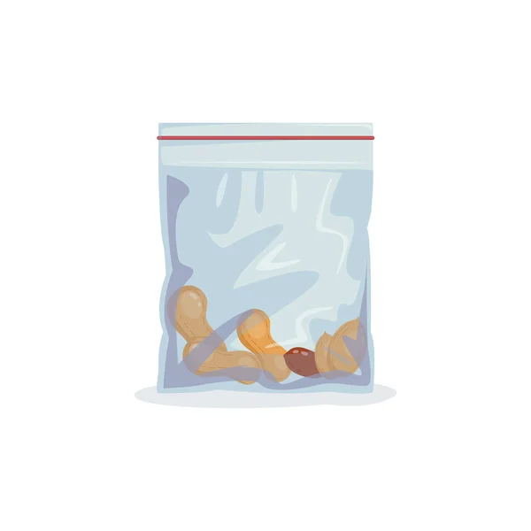 Kunststof zip-pakket voor de opslag van voedsel. Gezonde snack noten in een gesloten verpakking. Vector voedsel opslag pictogram. — Stockvector