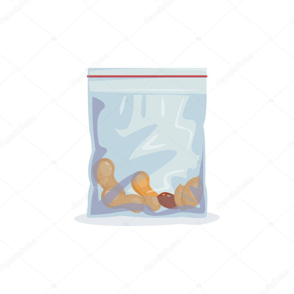 Plastic zip package for food storage. Healthy snack nuts in a closed package. Vector Food Storage Icon.