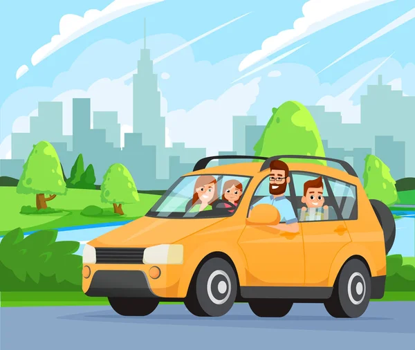 Viaje familiar por carretera. Familia feliz viajando en coche. Padre, madre, hijo e hija. Un viaje al campo. Viajar en coche . — Vector de stock