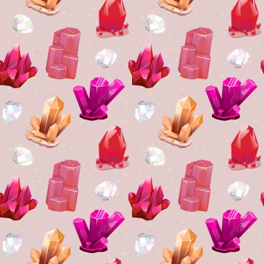 Pembe Sihirli kristaller ile soyut geometrik doğa desen Seamless modeli. Fairytale kristal taşlar ile moda dikişsiz desen. 
