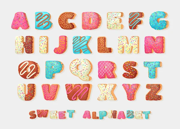Alphabet beignet sucré anglais abc Greeting party vector font.Alphabet pour enfants. Set alphabétique dans le style des beignets de boulangerie . — Image vectorielle