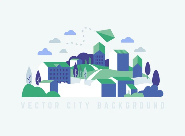 Eco City landscape with buildings, hills and trees. Landscape with kite. Vector ecology illustration in minimal geometric flat style. — Stock Vector