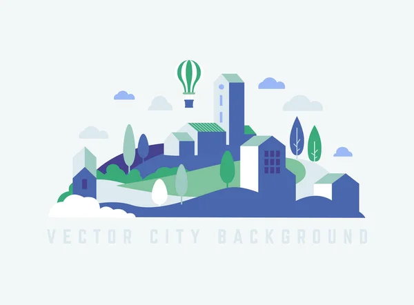 Paisagem Eco City com edifícios, colinas e árvores. Paisagem com balão de ar . — Vetor de Stock