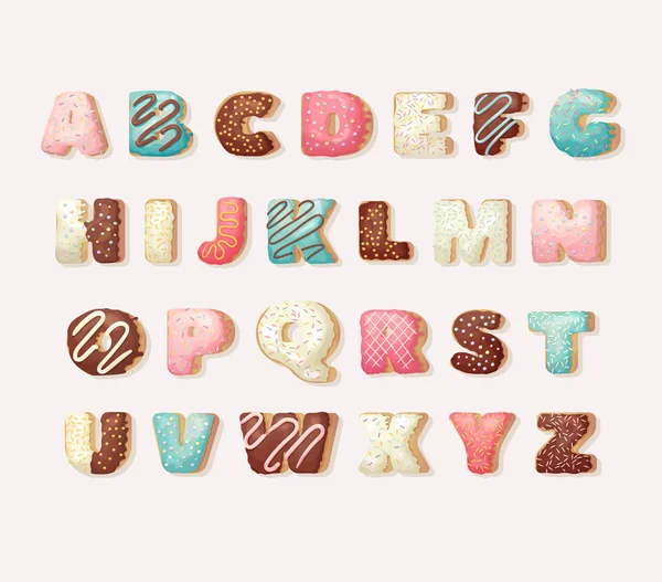 Engelska sweet donut alfabetet abc barnens alfabet. Alfabetisk bageri munkar stil. Hälsning part vektor teckensnitt. — Stock vektor