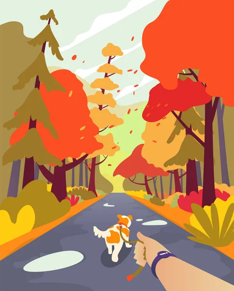 Eenvoudige cartoon mensen in herfst park. De hond te wandelen. Herfst seizoen en mensen vrije tijd, buiten thema. Wandelen met de hond. Herfst landschap minimalistische stijl, oranje palet van het seizoen. — Stockvector