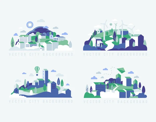 Stad landschap met heuvels, gebouwen en bomen. Vectorillustratie in minimalistische geometrische vlakke stijl. — Stockvector