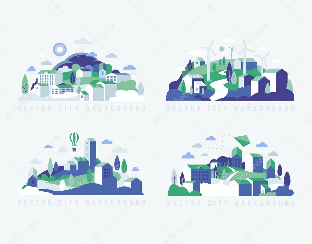 City landscape with buildings, hills and trees. Vector illustration in minimal geometric flat style. 