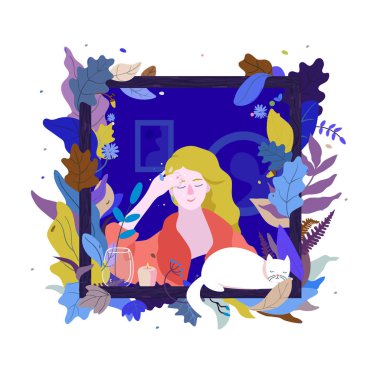 Karakter bir rüya ev pencere, kalan bir kadın. Fantezi illüstrasyon penceresinde, beyaz bir kedi ve renkli bitkiler etrafında ile güzel bir kız.